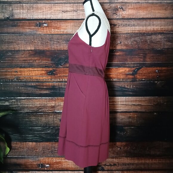 Floreat Anthropologie Dress 6 Retro Raspberry Crochet Yoke Collar Pockets - Picture 6 of 12